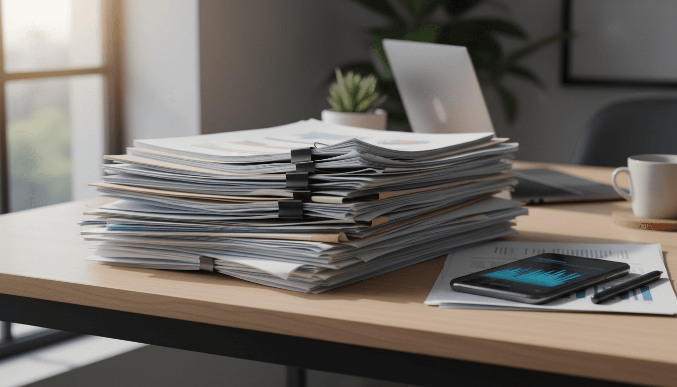 A stack of documents and a phone sitting on a desk in a business setting