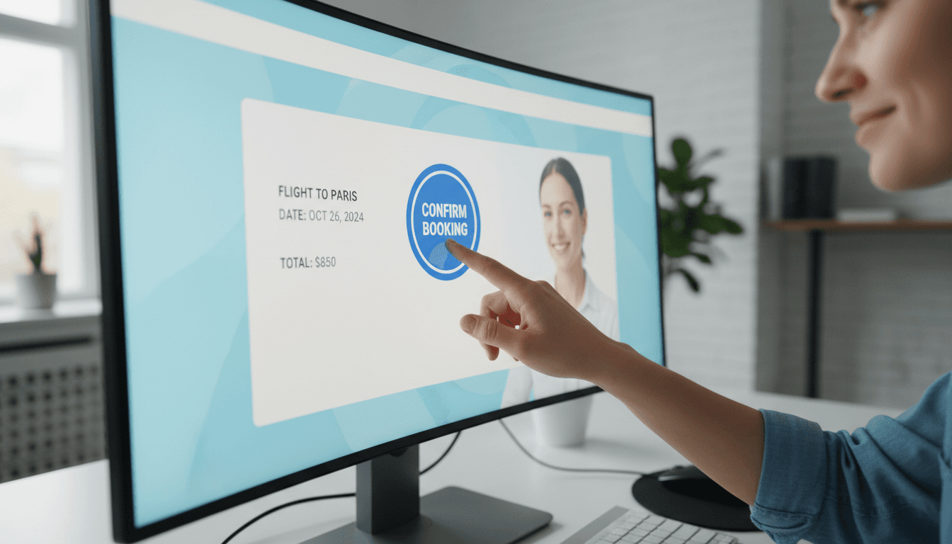 A person clicking a confirmation button on a booking website on a computer screen