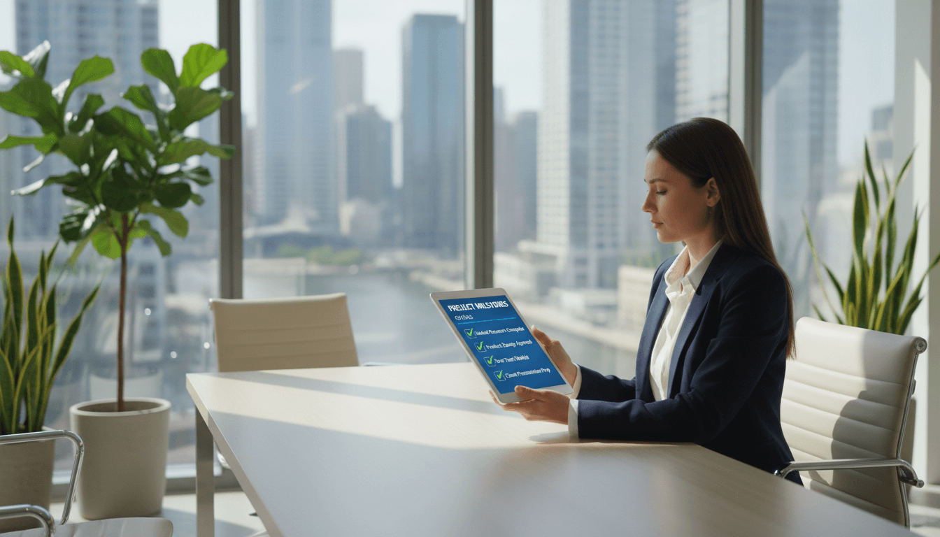 A professional person checking items on a digital tablet in a modern office setting