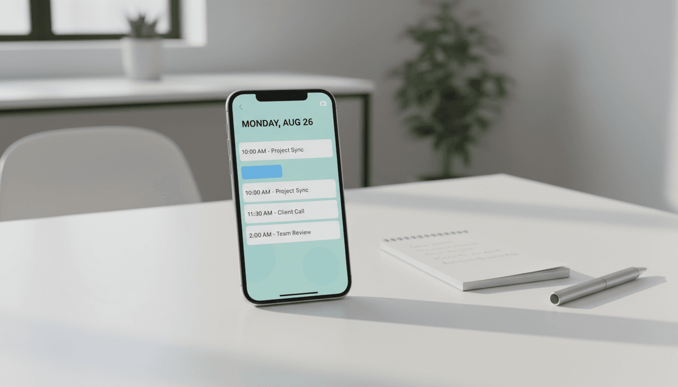 Smartphone showing a calendar with open appointment slots on a bright desk