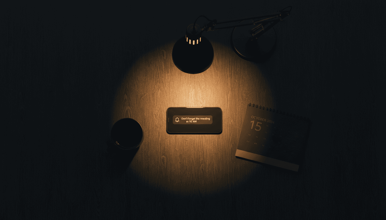 Overhead view of a desk with a smartphone showing a reminder notification