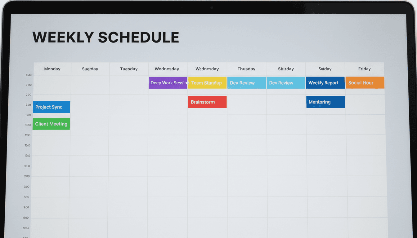 A calendar application on a laptop screen showing open time slots