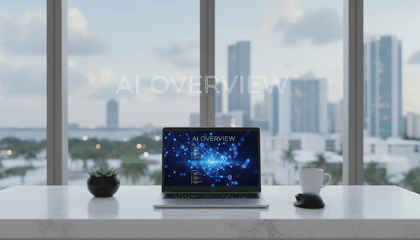 Laptop with AI dashboard interface in a modern Miami office space