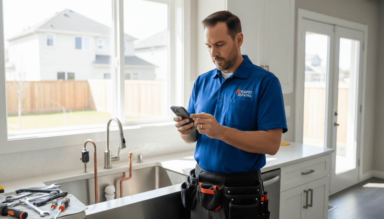Home service professional checking smartphone while on a residential job