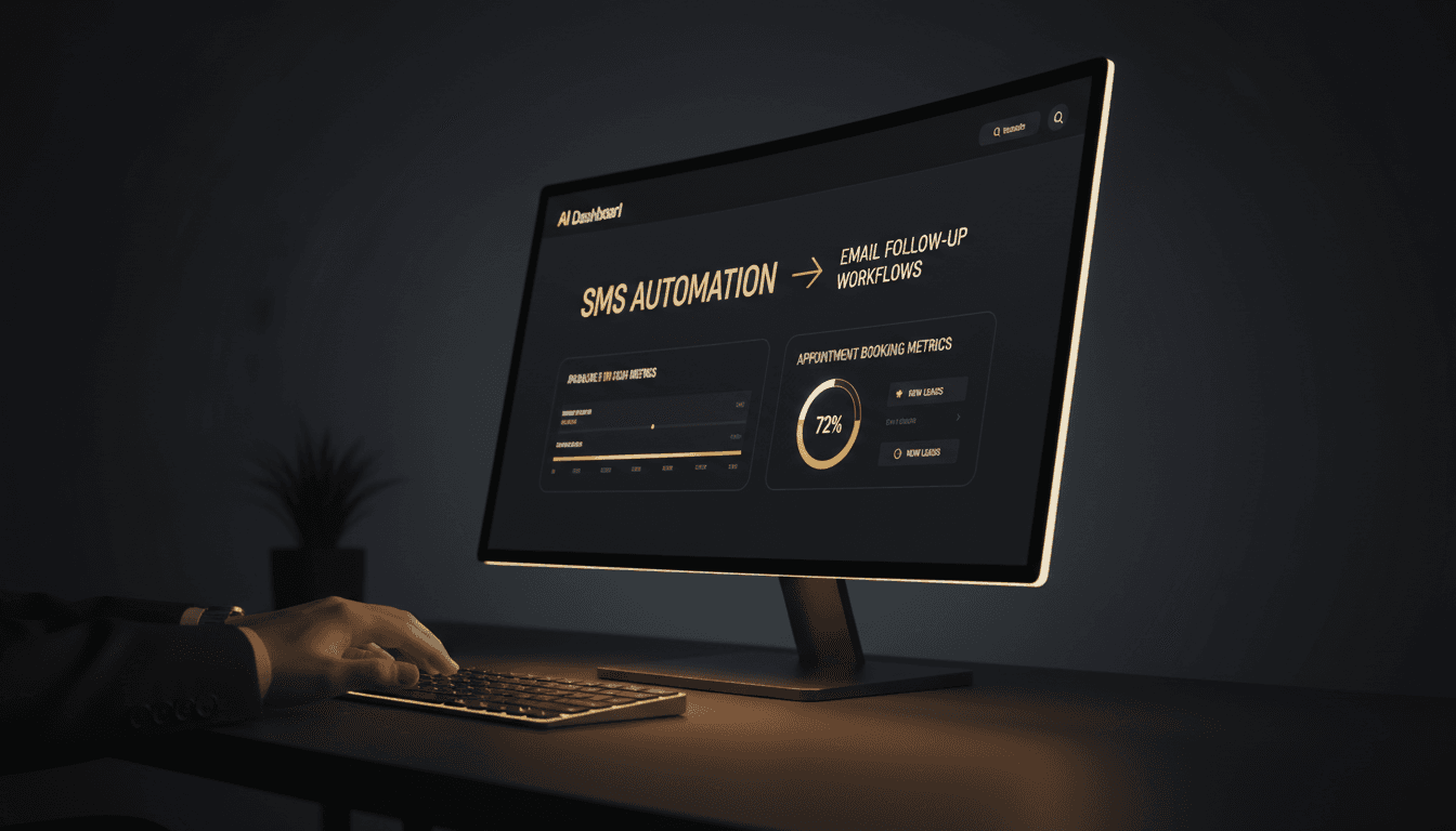 Turks Pulse AI dashboard showing AI automation and SMS follow-up workflows with gold accents