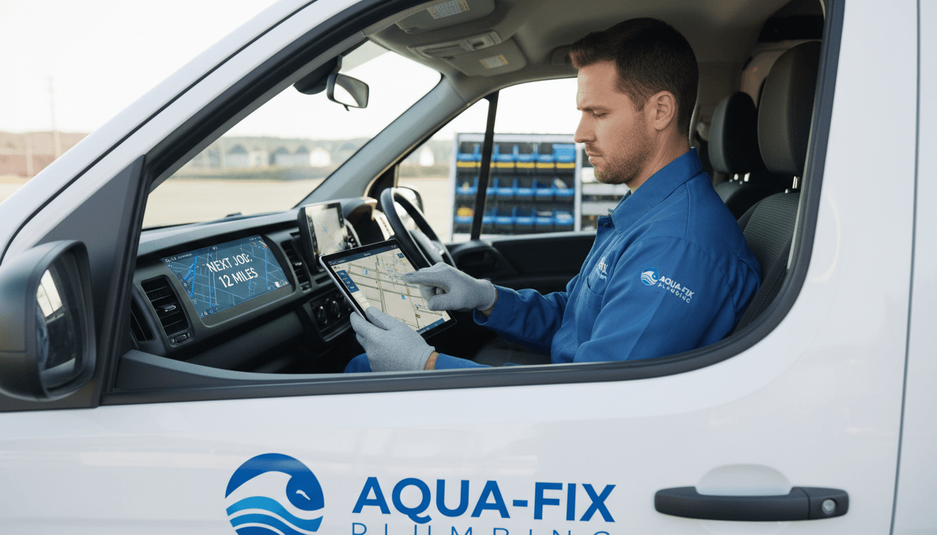 Professional plumber in uniform using digital tablet in modern van
