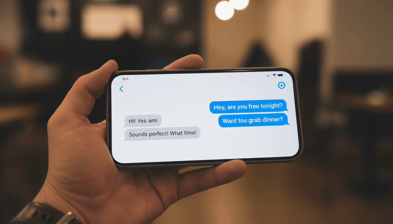 A hand holding a smartphone with a text message conversation on the screen