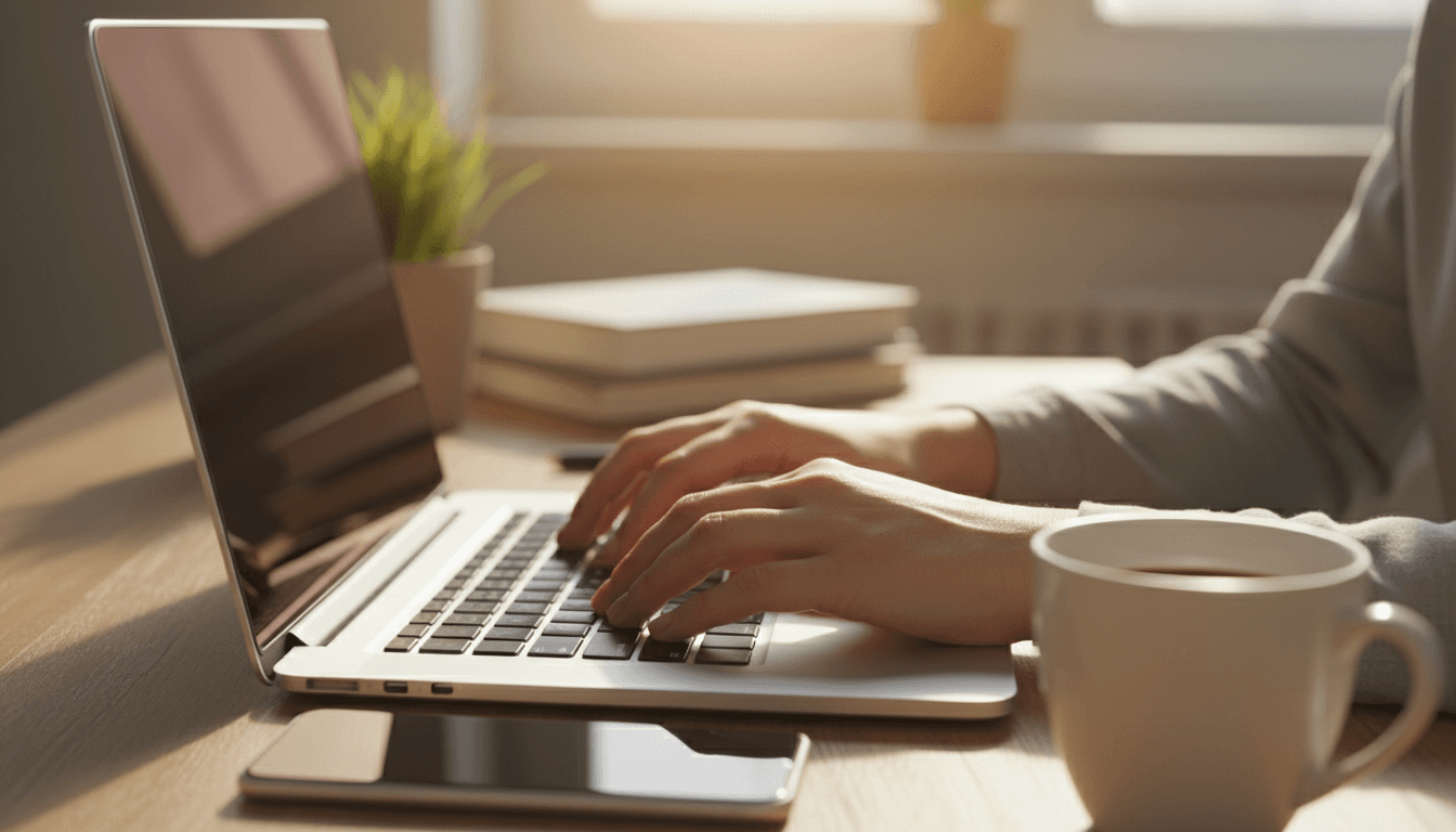 Hands typing on a laptop with a phone nearby in a home office