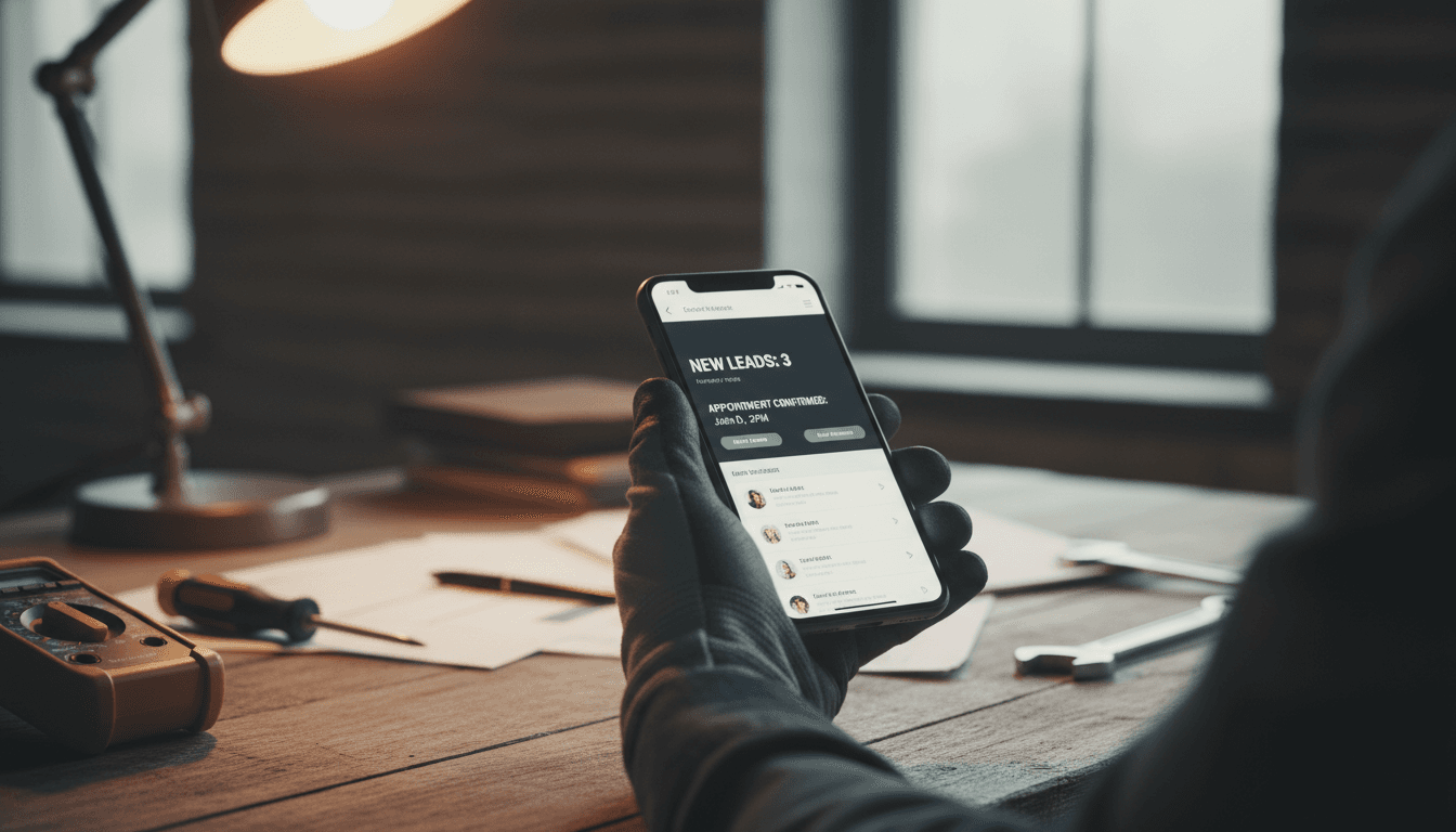 Home service business owner reviewing AI-powered CRM leads and automated customer follow-ups on mobile phone
