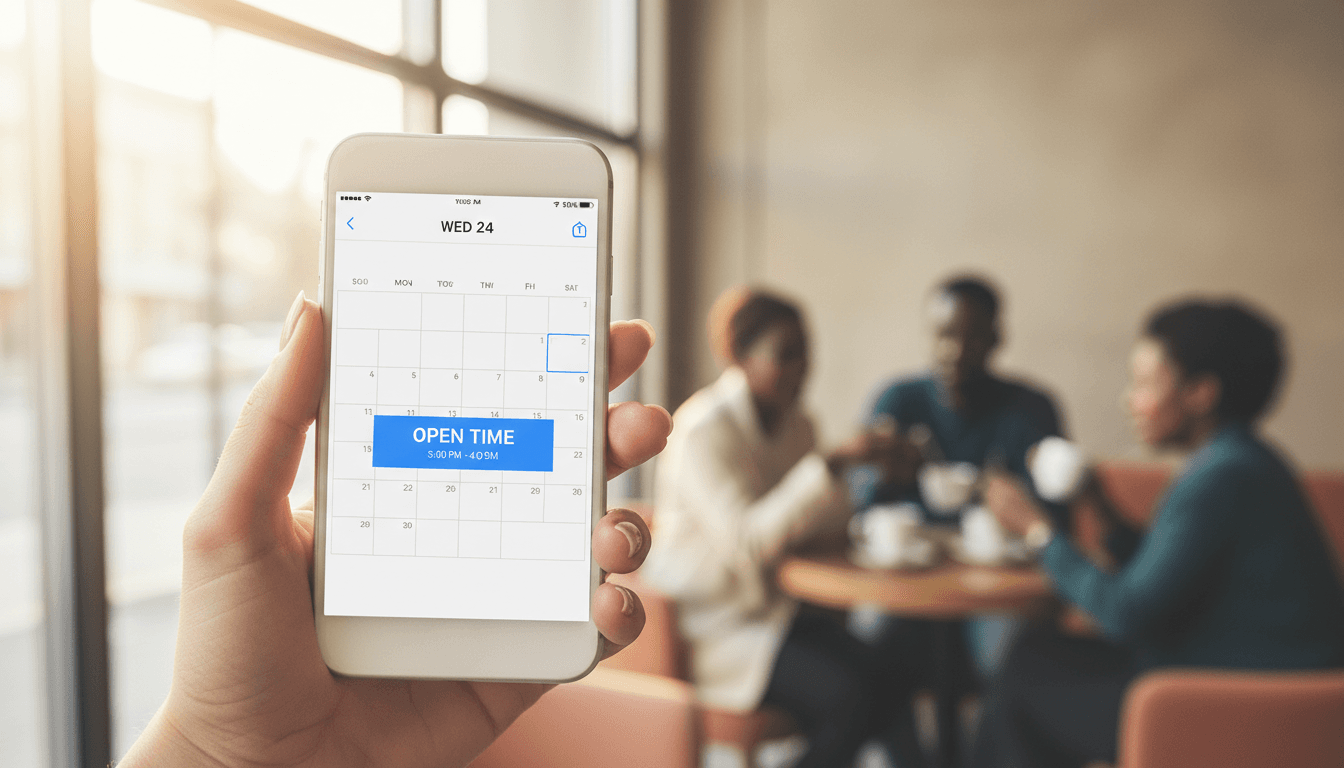 Hand holding a smartphone showing a calendar with an open appointment slot