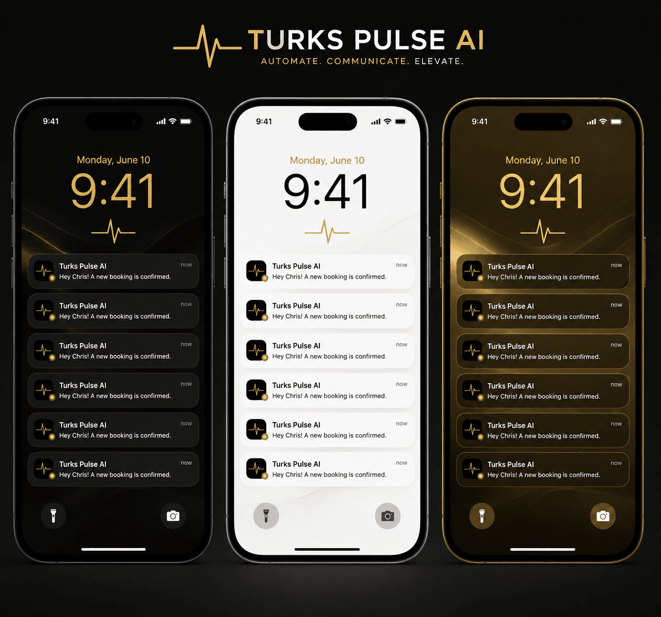 Three smartphones displaying Turks Pulse AI booking notifications in black, white, and gold themes.